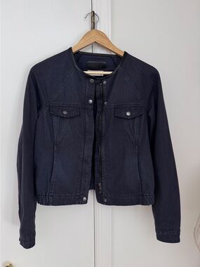 NAF NAF Paris  Women’s Navy blue denim  Leather trim Jacket .